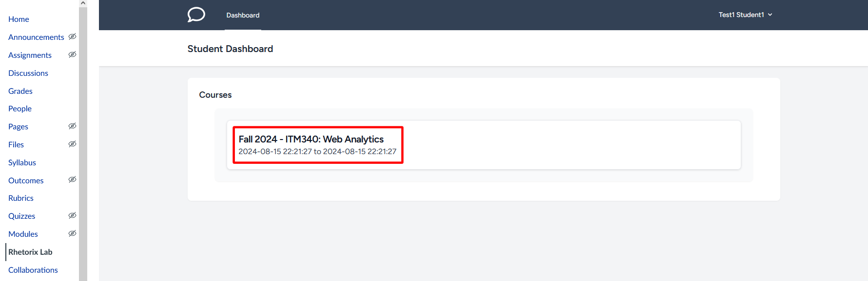 Course selection on dashboard